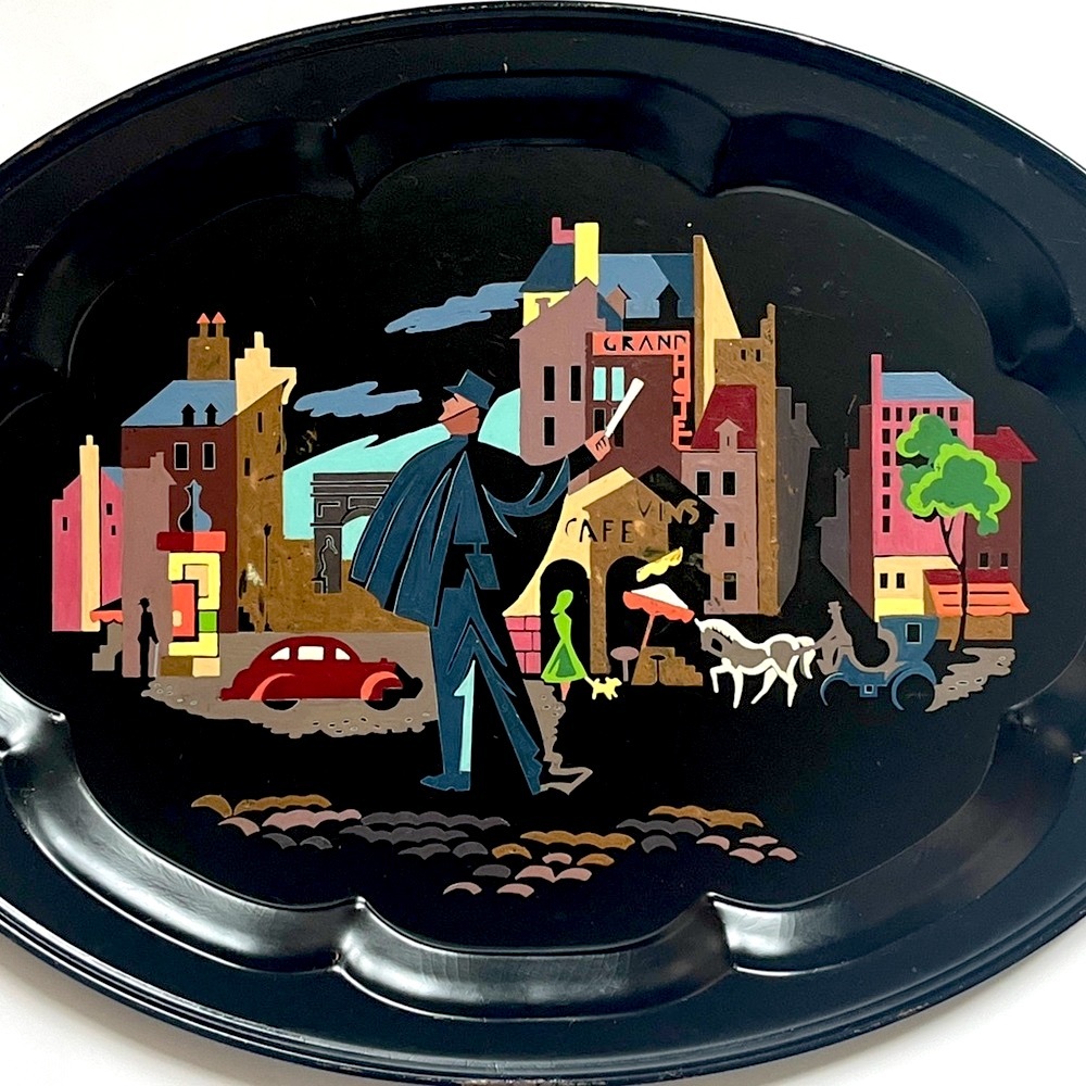 Mid Century Hand Painted Vintage Paris Tole Tin Tray Retro Serving Tray France